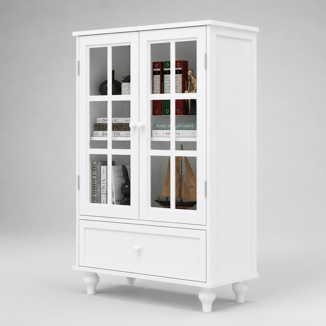 Modern White Glass Door Display Cabinet with Storage Drawer, Bookshelf Organizer, Living Room Showcase and Home Office Storage Unit