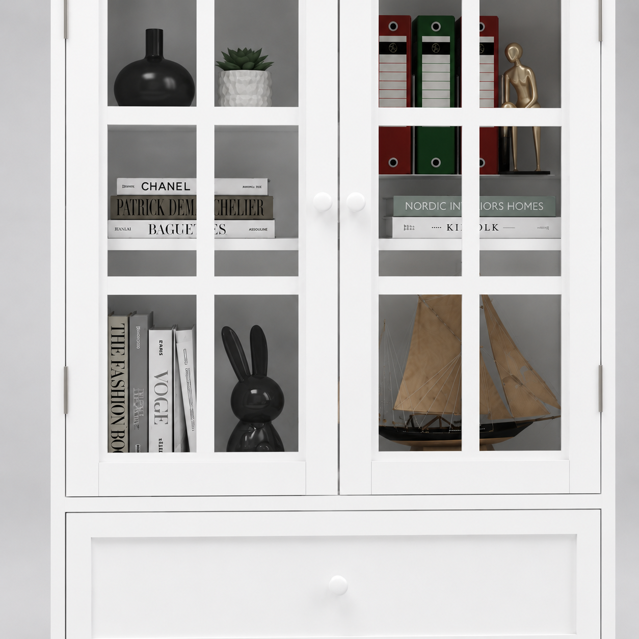 Modern White Glass Door Display Cabinet with Storage Drawer, Bookshelf Organizer, Living Room Showcase and Home Office Storage Unit