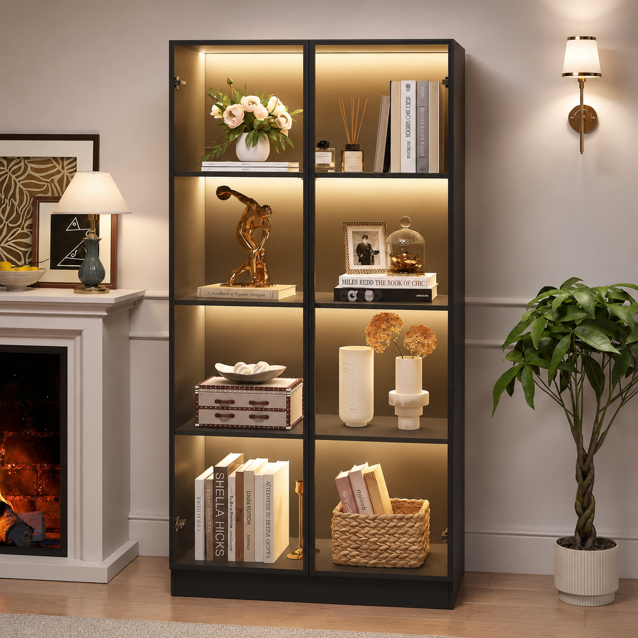 Modern LED Glass Display Cabinet with Storage Shelves Black Curio Showcase Unit for Living Room Office Decor & Book Display