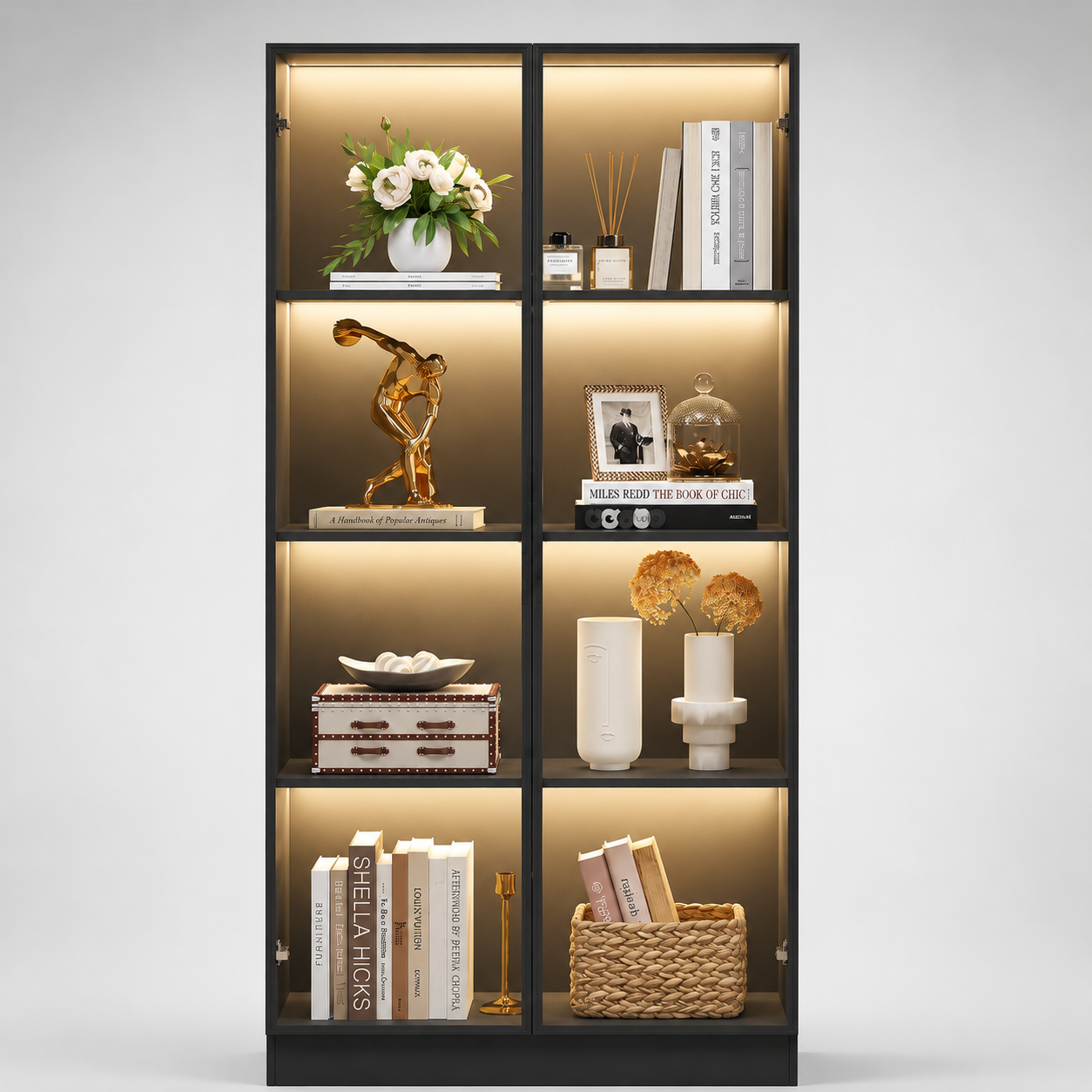 Modern LED Glass Display Cabinet with Storage Shelves Black Curio Showcase Unit for Living Room Office Decor & Book Display