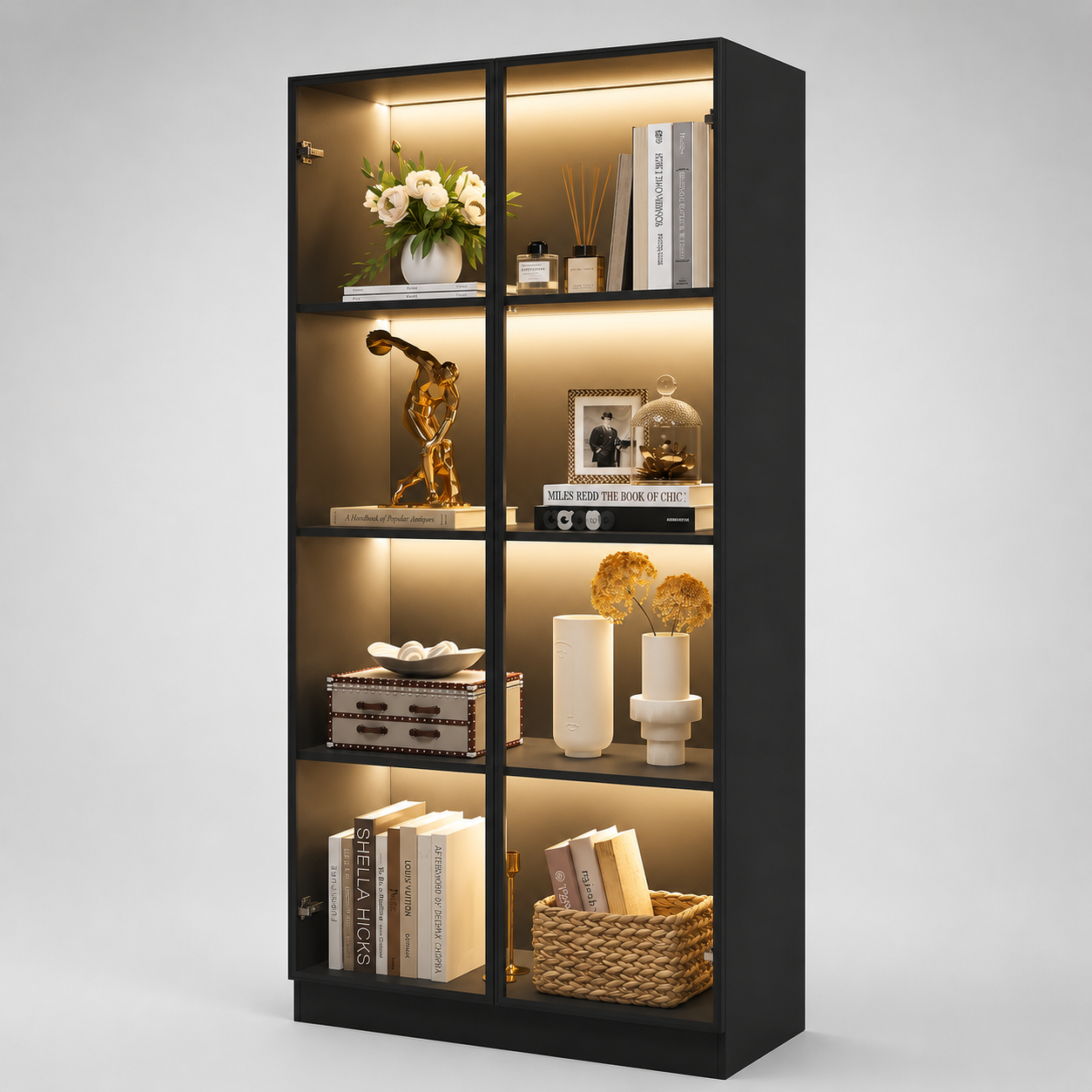 Modern LED Glass Display Cabinet with Storage Shelves Black Curio Showcase Unit for Living Room Office Decor & Book Display