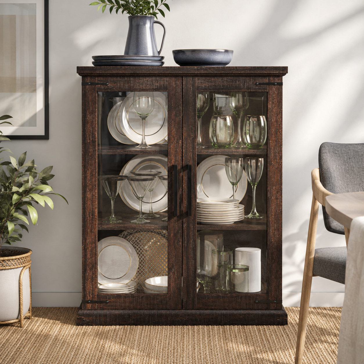 Modern Glass Display Cabinet with Double Glass Doors Storage Showcase Unit for Dining Room Kitchen Crockery & Decor Organization