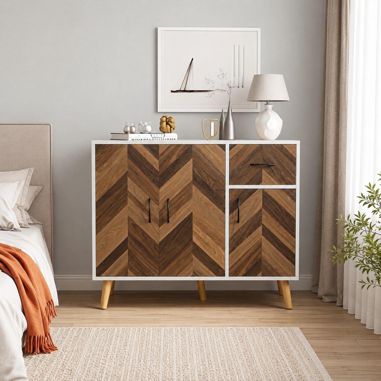 Modern Chevron Pattern Storage Cabinet with Drawer and Shelves Wooden Sideboard for Bedroom Living Room Dining Room Storage