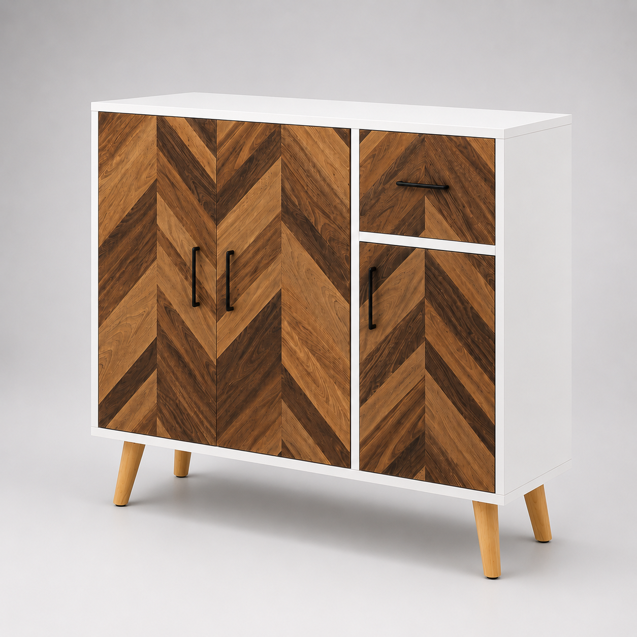 Modern Chevron Pattern Storage Cabinet with Drawer and Shelves Wooden Sideboard for Bedroom Living Room Dining Room Storage