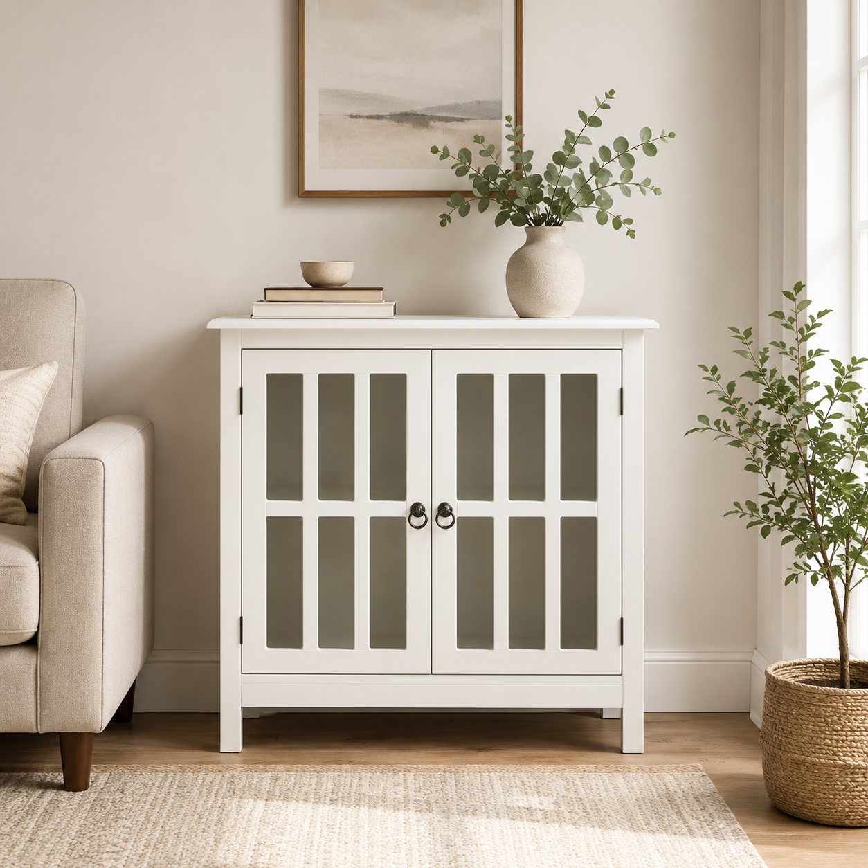 Modern White Glass Door Storage Cabinet with Display Shelves for Living Room Entryway Dining Area Accent Storage Furniture