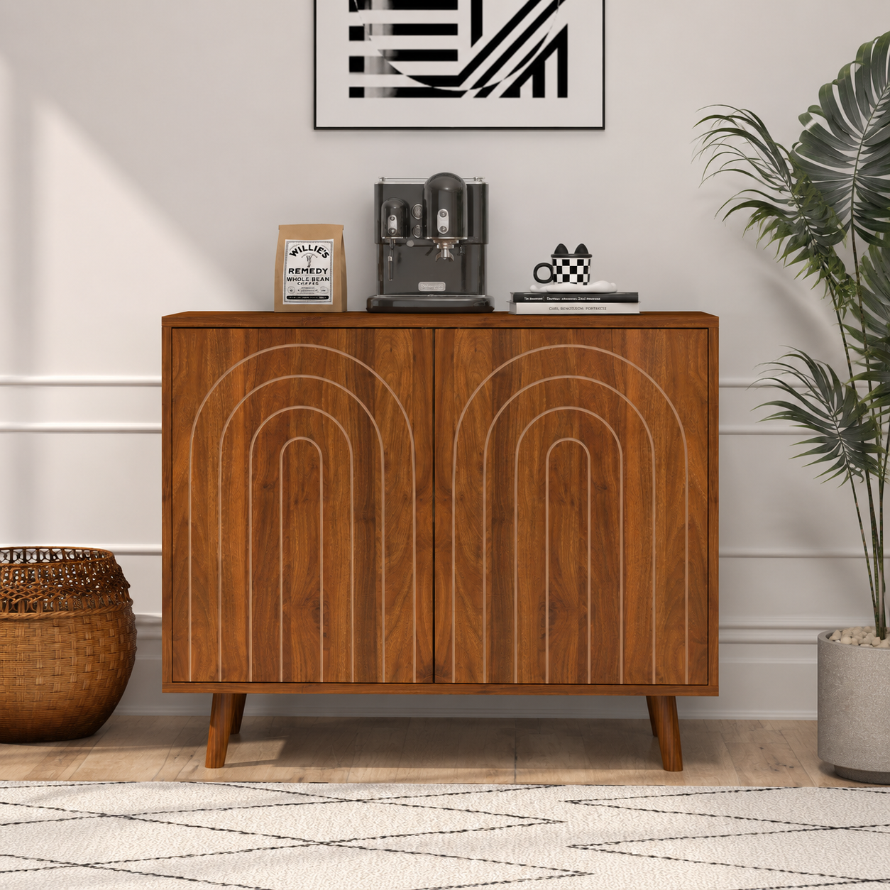 Modern Walnut Storage Cabinet with Decorative Arch Doors, Mid Century Sideboard Console for Living Room, Entryway & Dining Storage