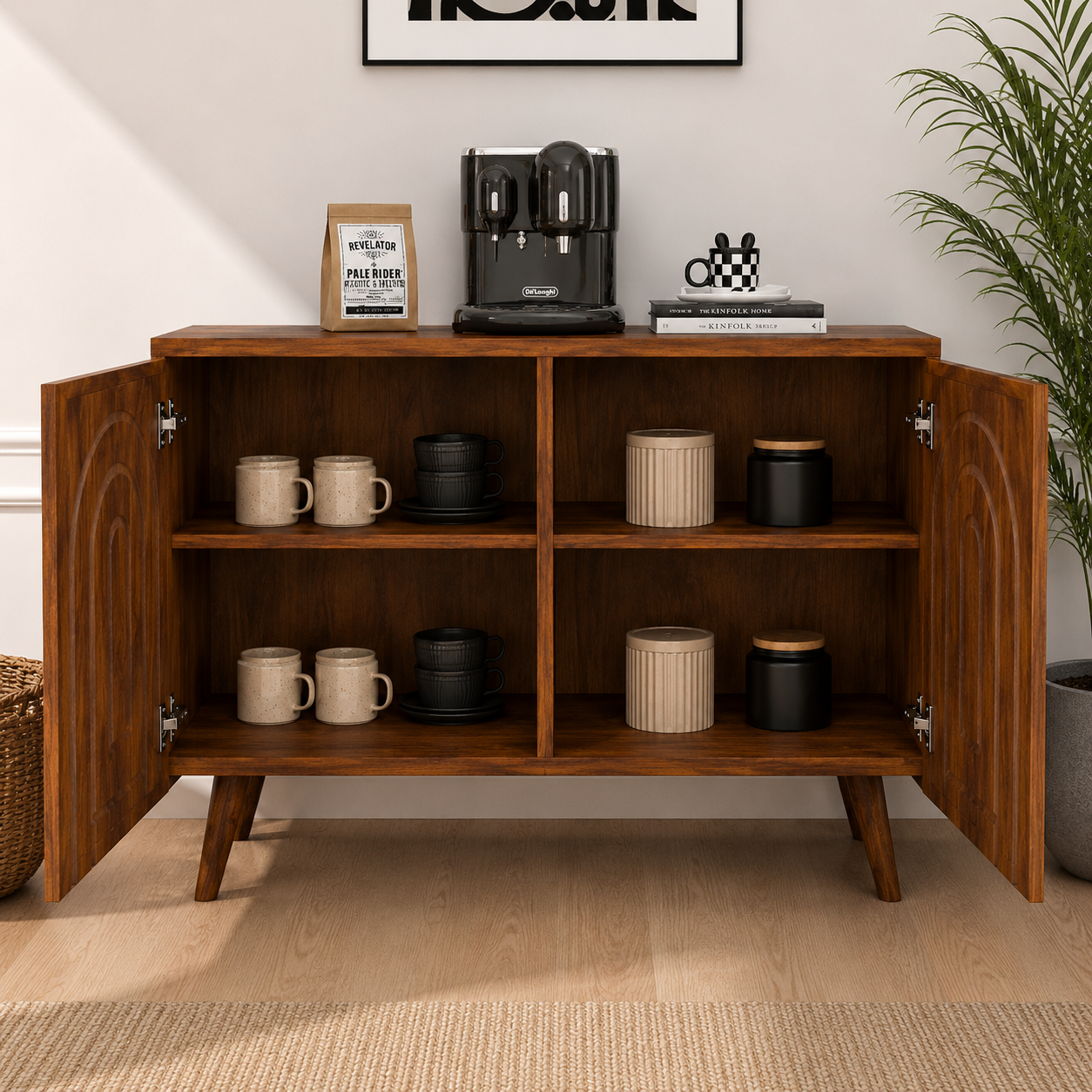 Modern Walnut Storage Cabinet with Decorative Arch Doors, Mid Century Sideboard Console for Living Room, Entryway & Dining Storage