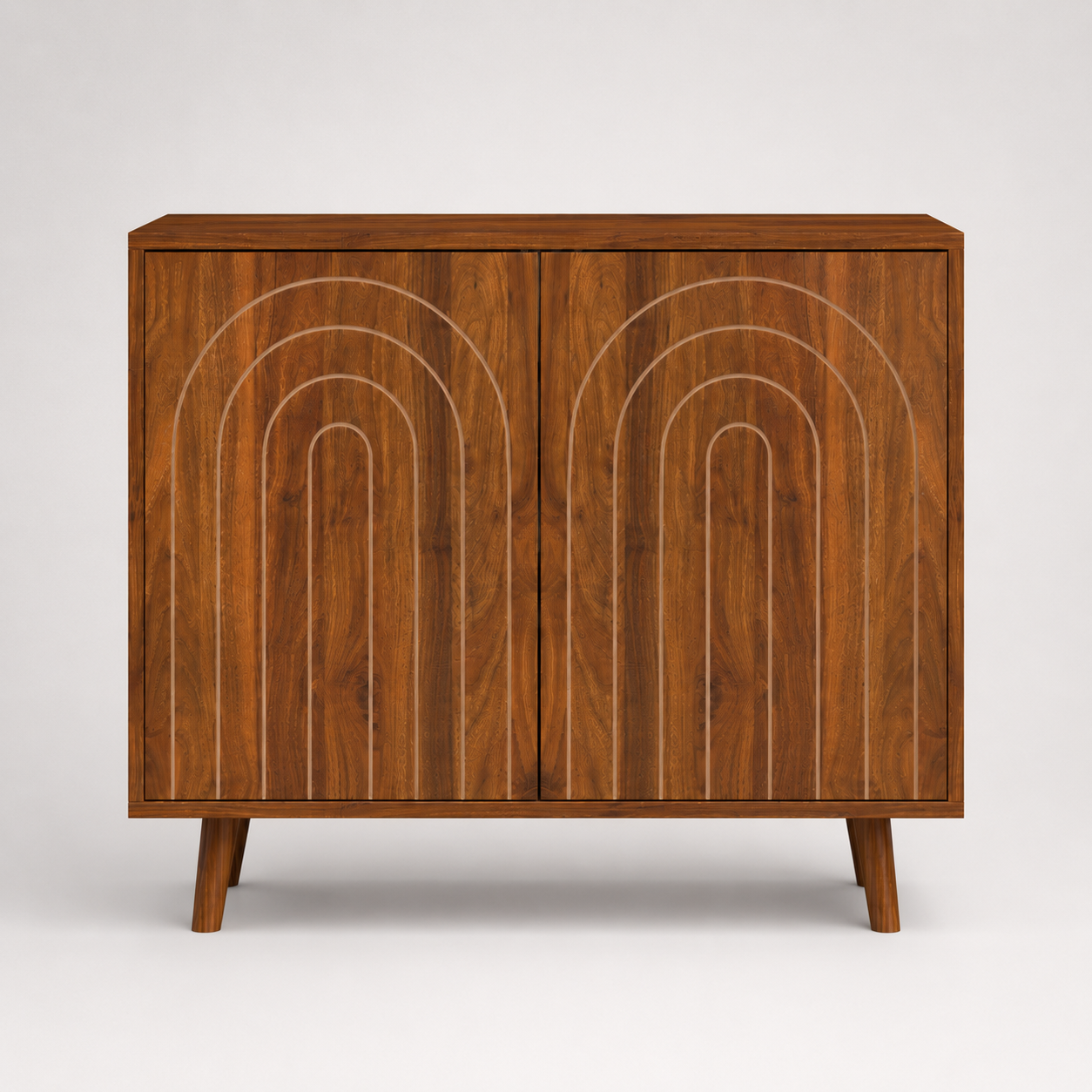 Modern Walnut Storage Cabinet with Decorative Arch Doors, Mid Century Sideboard Console for Living Room, Entryway & Dining Storage