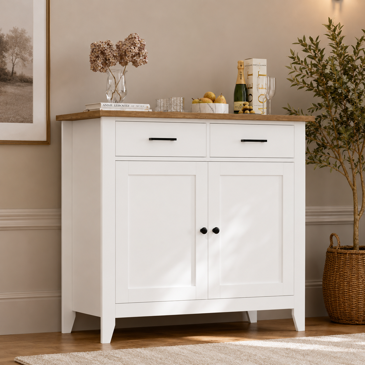 Modern white storage cabinet with wooden top, dual drawers, and spacious storage shelves. Ideal for organizing dining