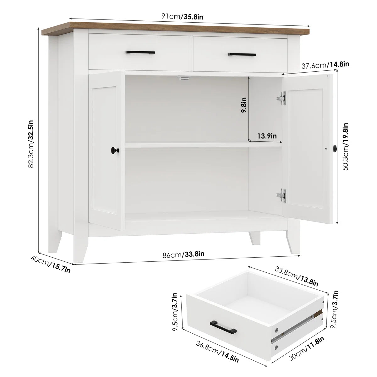 Modern white storage cabinet with wooden top, dual drawers, and spacious storage shelves. Ideal for organizing dining