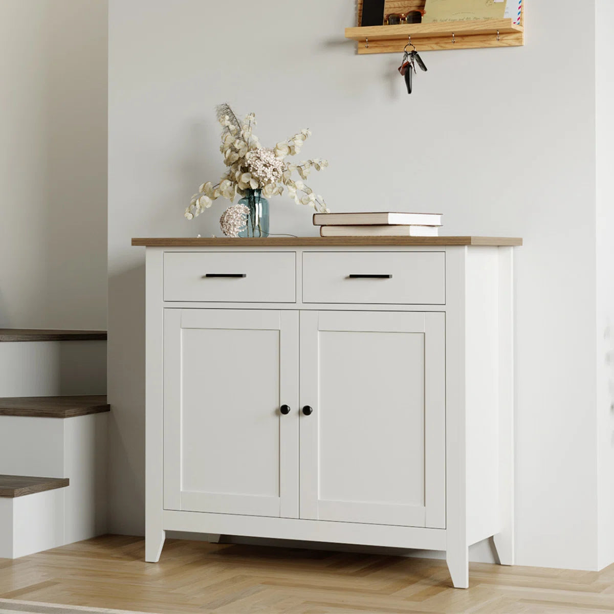 Modern white storage cabinet with wooden top, dual drawers, and spacious storage shelves. Ideal for organizing dining
