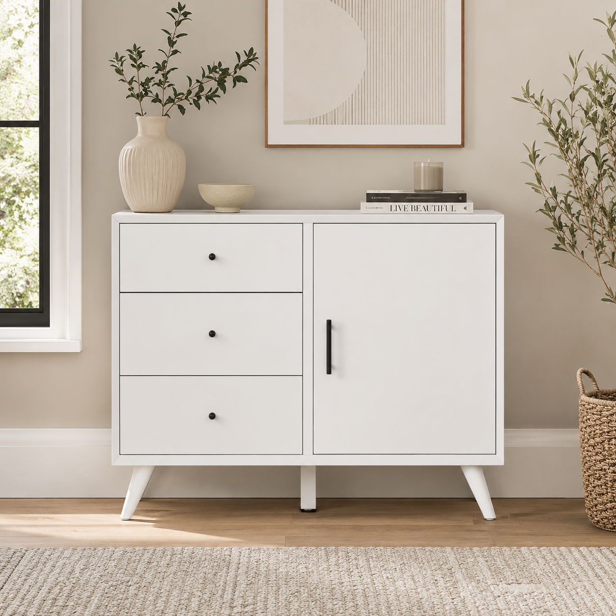 Modern White Storage Cabinet with 3 Drawers & Door Organizer Unit for Bedroom Living Room Entryway Home Office Storage Solution