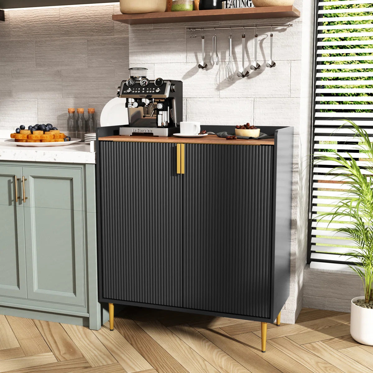 Modern black coffee bar cabinet with fluted doors, spacious storage, wine rack section, and elegant gold accents