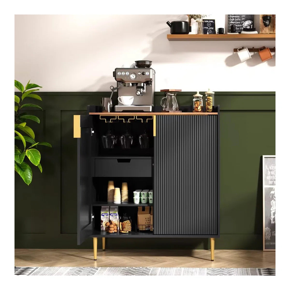Modern black coffee bar cabinet with fluted doors, spacious storage, wine rack section, and elegant gold accents