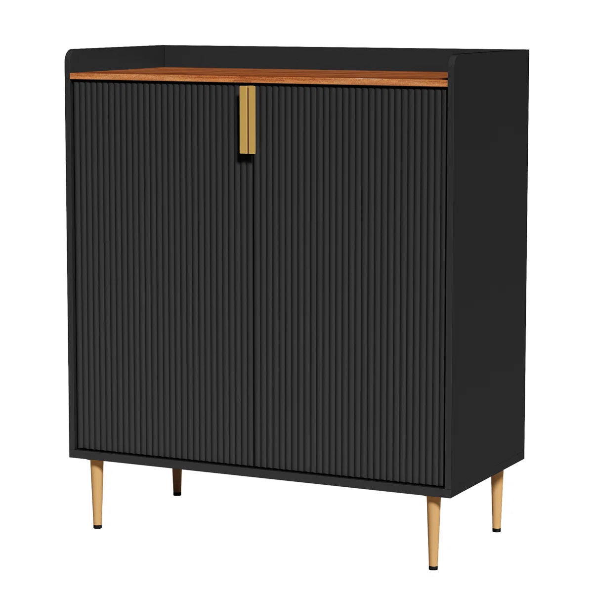 Modern black coffee bar cabinet with fluted doors, spacious storage, wine rack section, and elegant gold accents