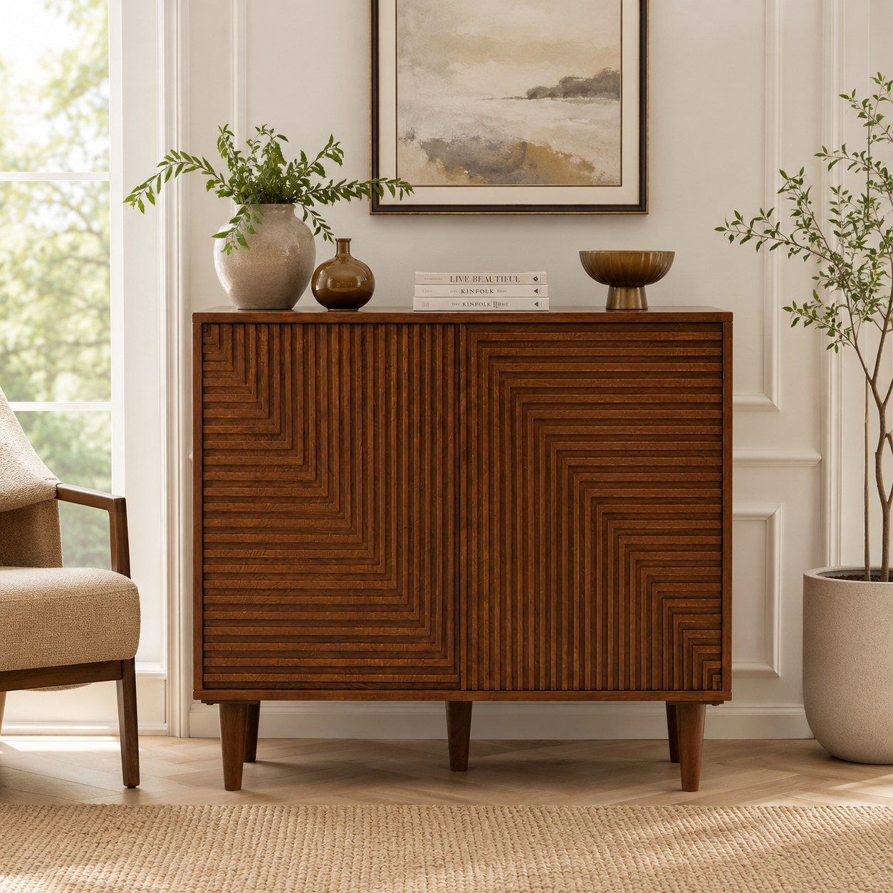Modern Walnut Bar Cabinet with Wine Rack & Storage Shelves for Living Room Dining Area Home Bar Beverage Organizer Furniture