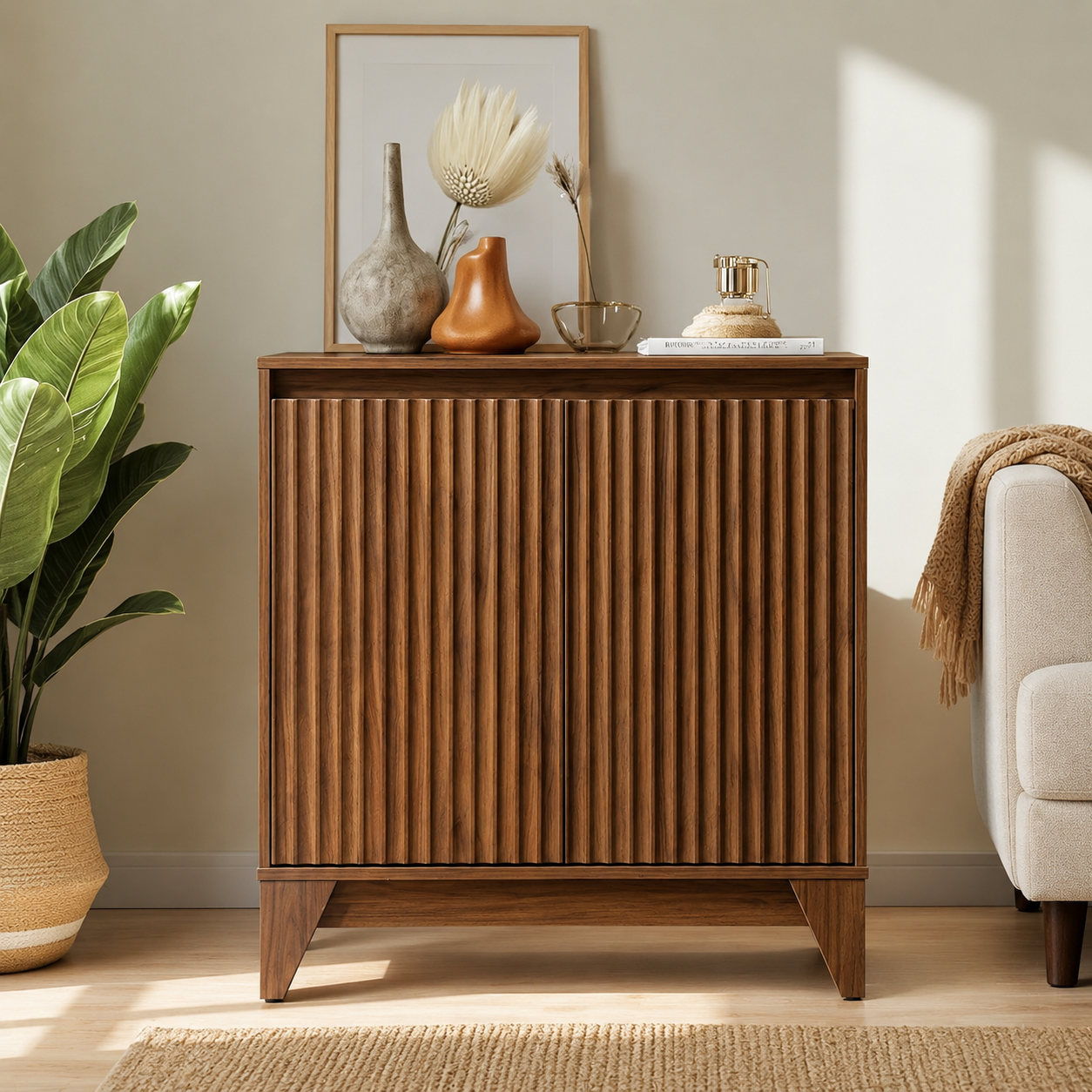 Modern Walnut Fluted Storage Cabinet with Concealed Shelving, Contemporary Sideboard for Living Room, Dining Area & Entryway