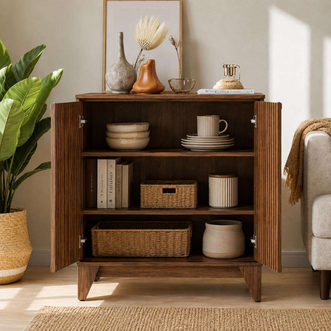 Modern Walnut Fluted Storage Cabinet with Concealed Shelving, Contemporary Sideboard for Living Room, Dining Area & Entryway