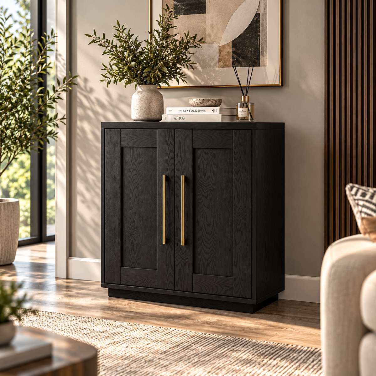 Classic Black MDF Veneer Storage Cabinet with Gold Handles, Double Doors and Enclosed Storage for Living Room, Dining Area or Office