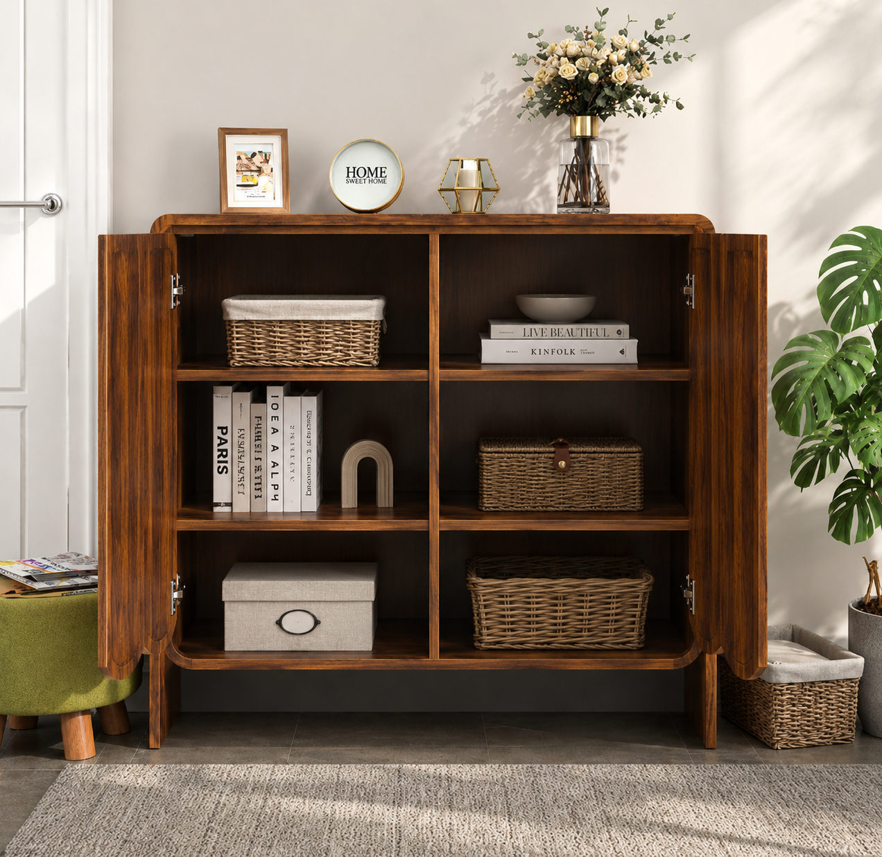 Modern Walnut Wooden Storage Cabinet with Fluted Design Doors for Living Room, Dining Area, Entryway & Contemporary Interiors