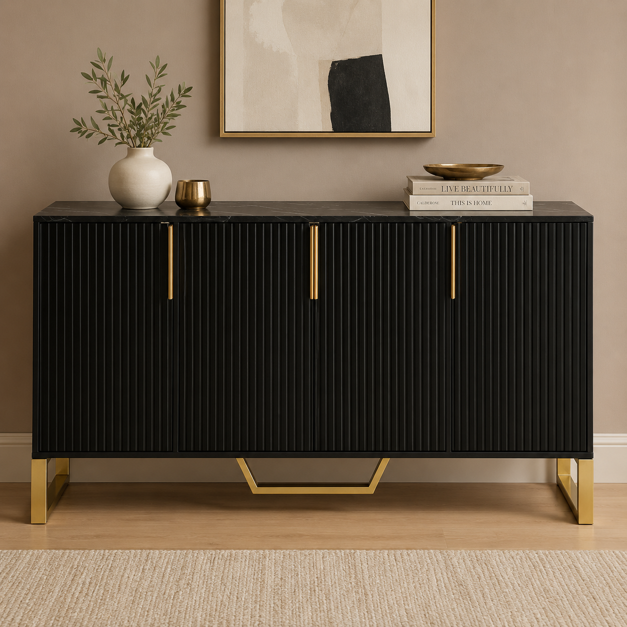 Luxury black TV console featuring ribbed cabinet doors, spacious storage shelves, marble-look top, and elegant gold metal base