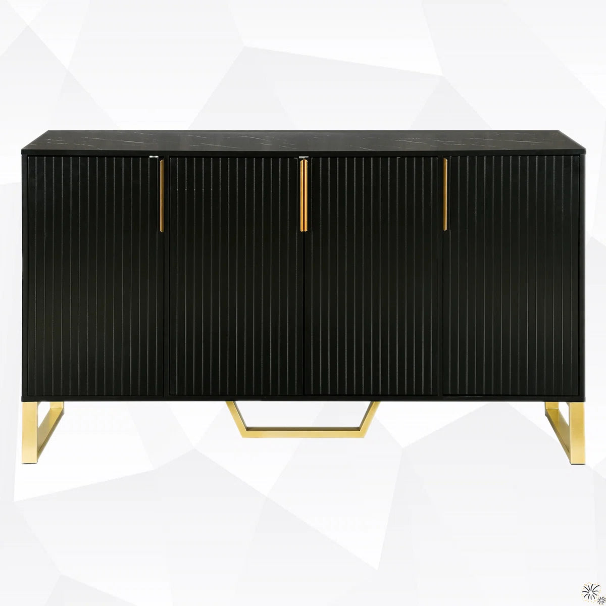 Luxury black TV console featuring ribbed cabinet doors, spacious storage shelves, marble-look top, and elegant gold metal base