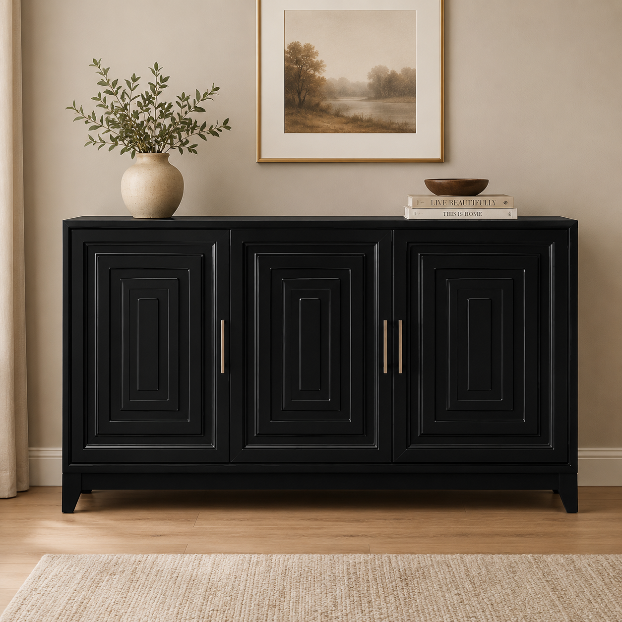 Modern black console cabinet featuring geometric panel detailing, spacious internal shelves, and elegant contemporary styling for stylish home organization and storage.