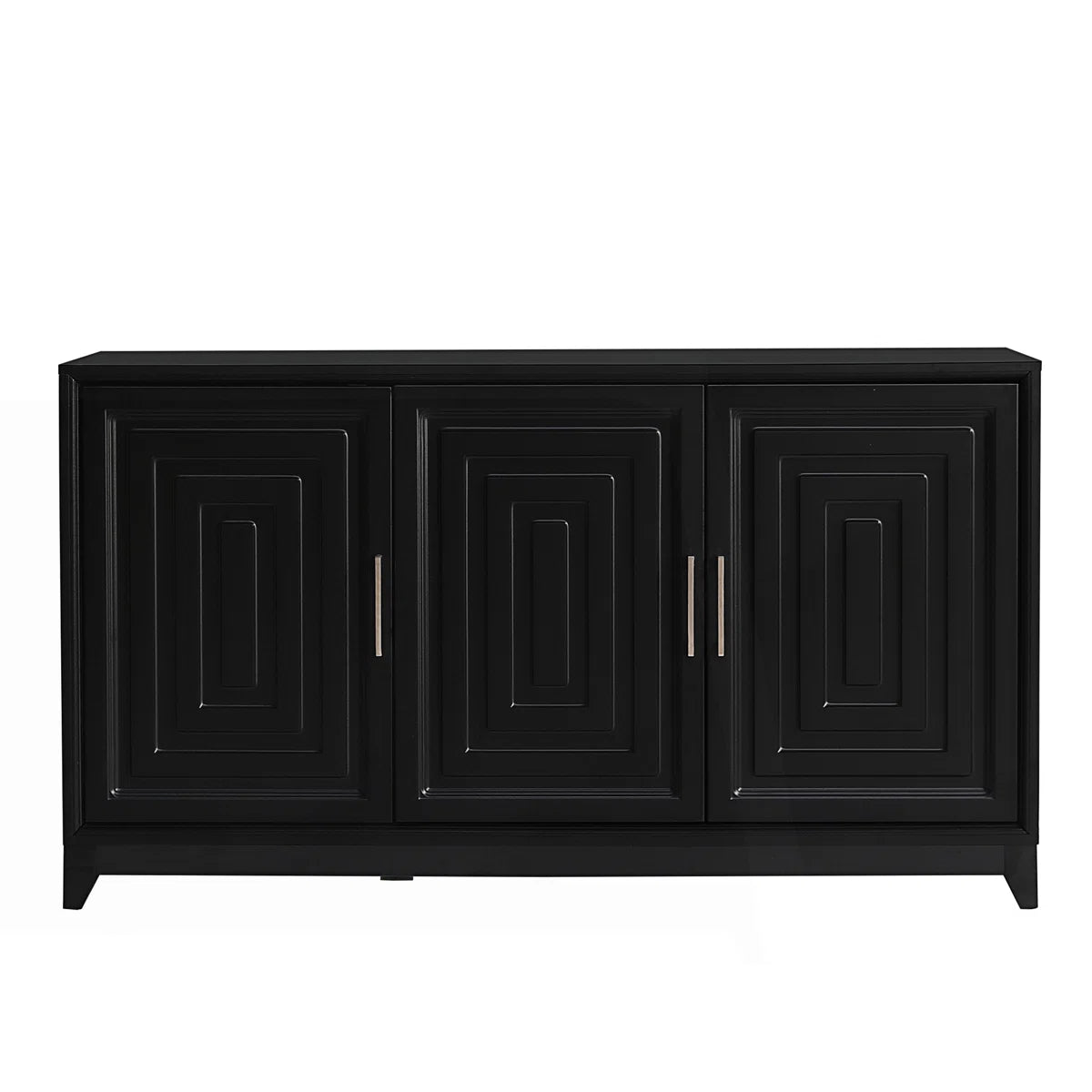 Modern black console cabinet featuring geometric panel detailing, spacious internal shelves, and elegant contemporary styling for stylish home organization and storage.