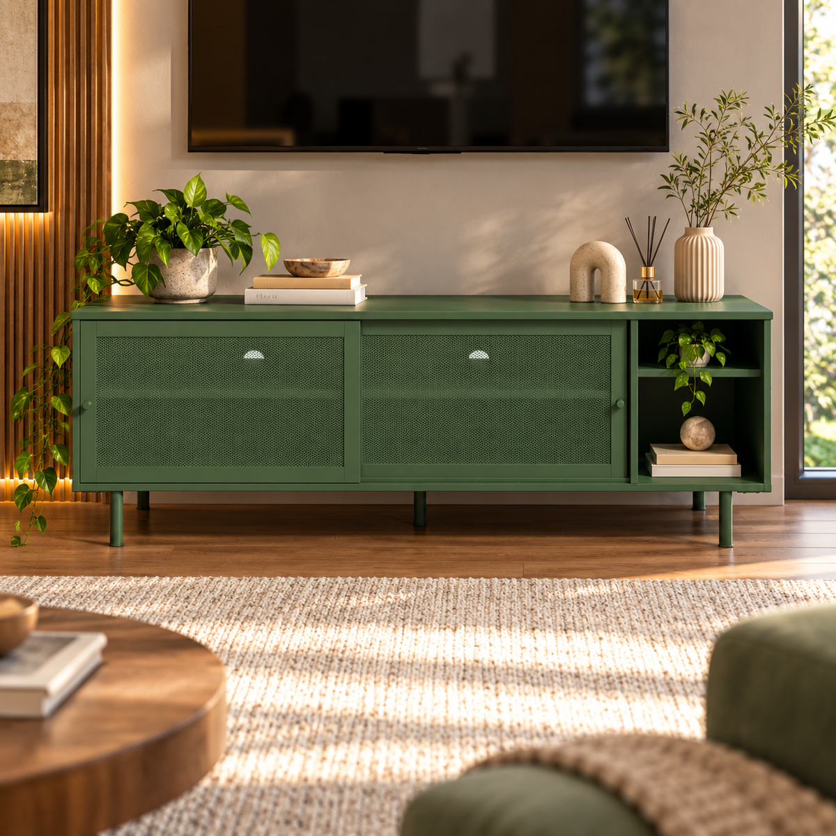 Modern Teak Wood TV Unit with Mesh Front Cabinets, Open Shelves & Raised Legs for Living Room, Bedroom and Entertainment Space
