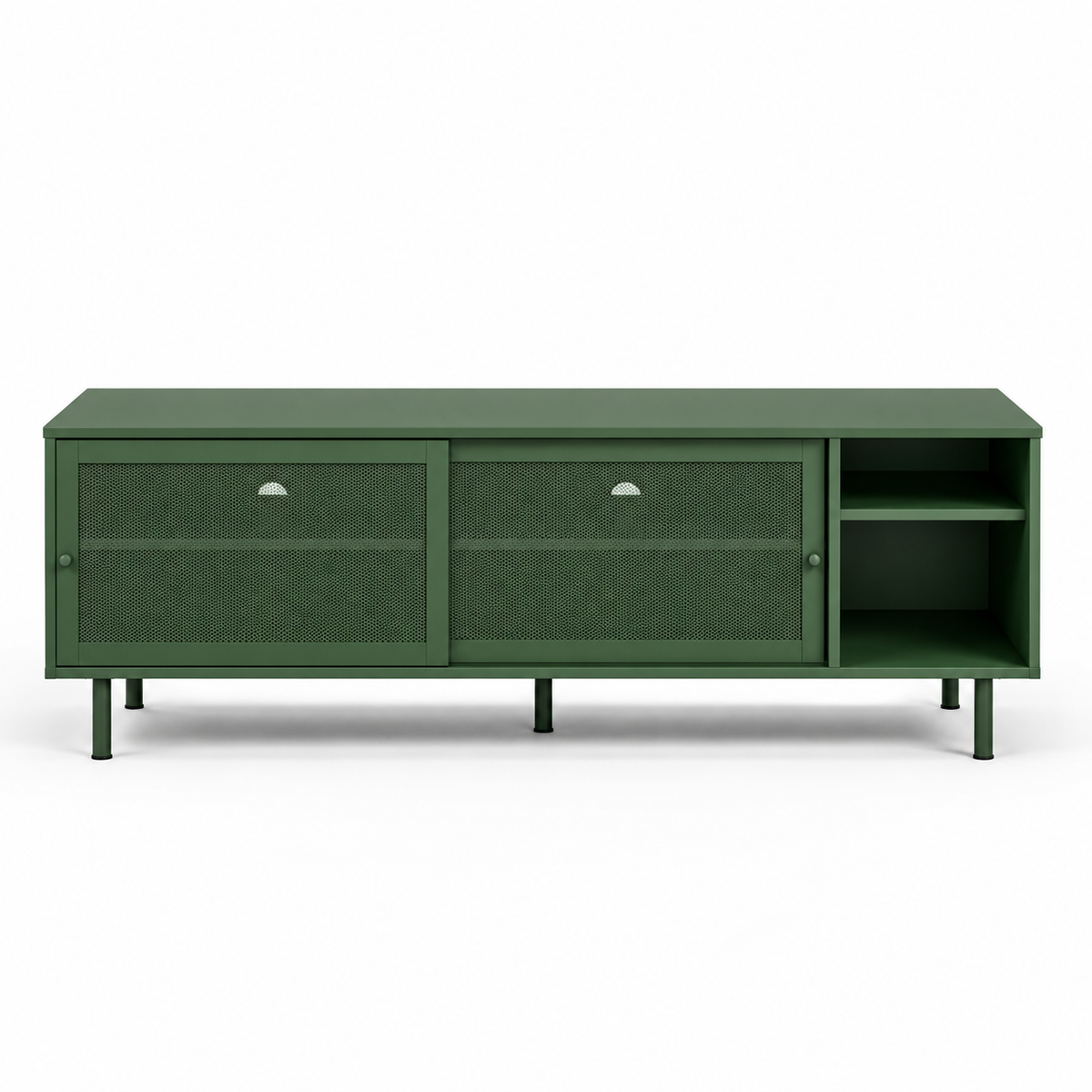 Modern Teak Wood TV Unit with Mesh Front Cabinets, Open Shelves & Raised Legs for Living Room, Bedroom and Entertainment Space