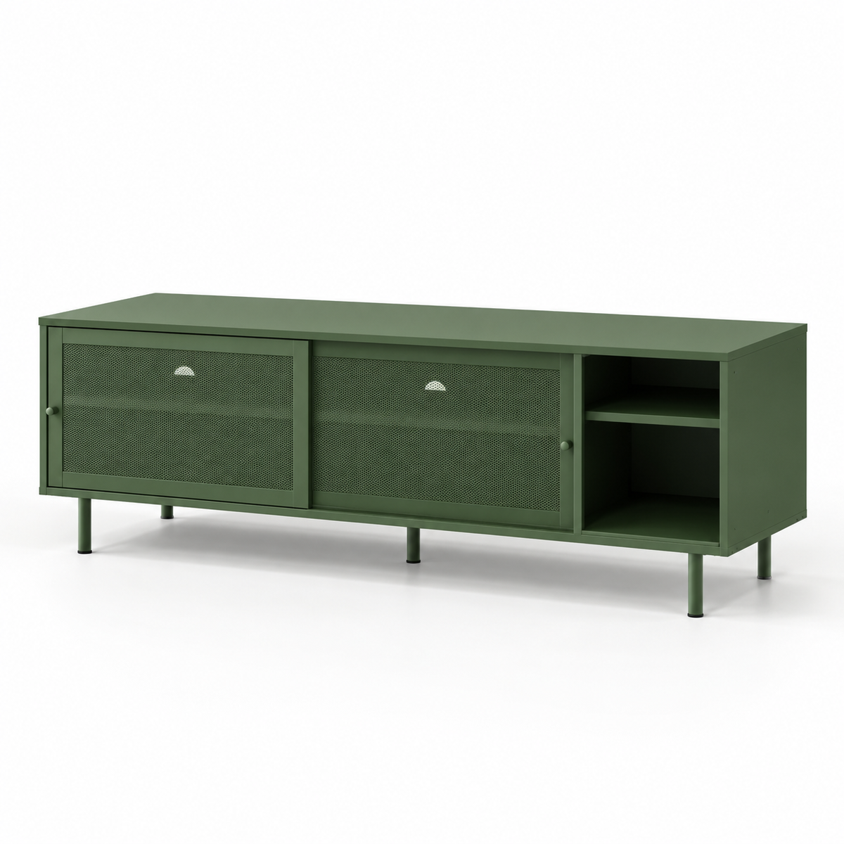 Modern Teak Wood TV Unit with Mesh Front Cabinets, Open Shelves & Raised Legs for Living Room, Bedroom and Entertainment Space