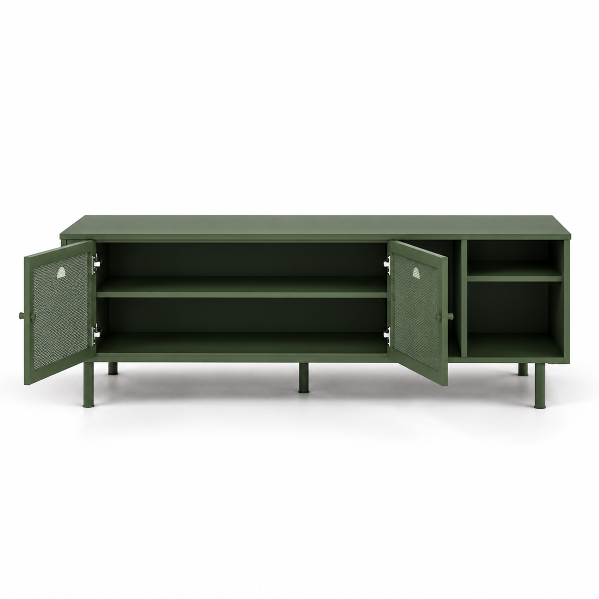 Modern Teak Wood TV Unit with Mesh Front Cabinets, Open Shelves & Raised Legs for Living Room, Bedroom and Entertainment Space