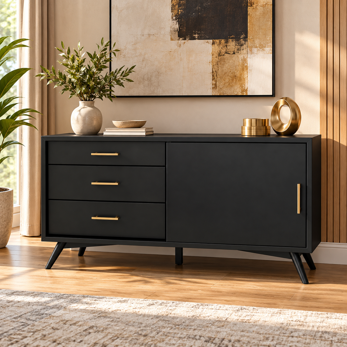 Modern Low-Height Sideboard Cabinet with Spacious Storage, Sleek Handles and Raised Legs for Living, Dining & Office Spaces