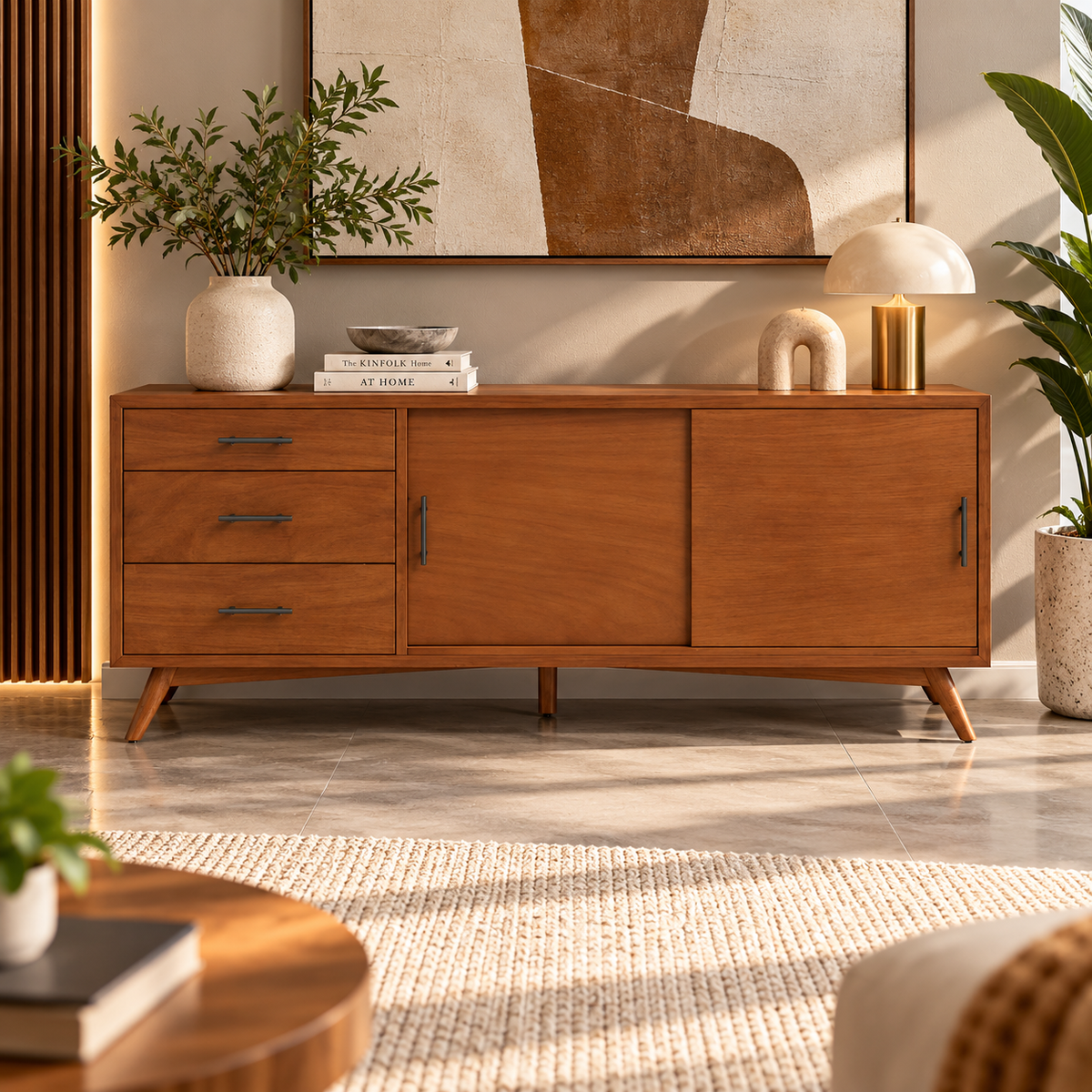 Modern Teak Wood Sideboard Cabinet with 3 Drawers, Dual Door Storage & Raised Legs for Living Room, Dining Room and Office