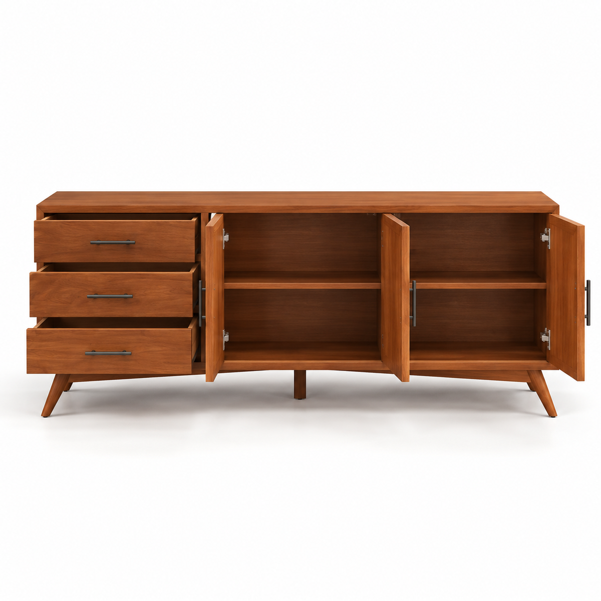 Modern Teak Wood Sideboard Cabinet with 3 Drawers, Dual Door Storage & Raised Legs for Living Room, Dining Room and Office
