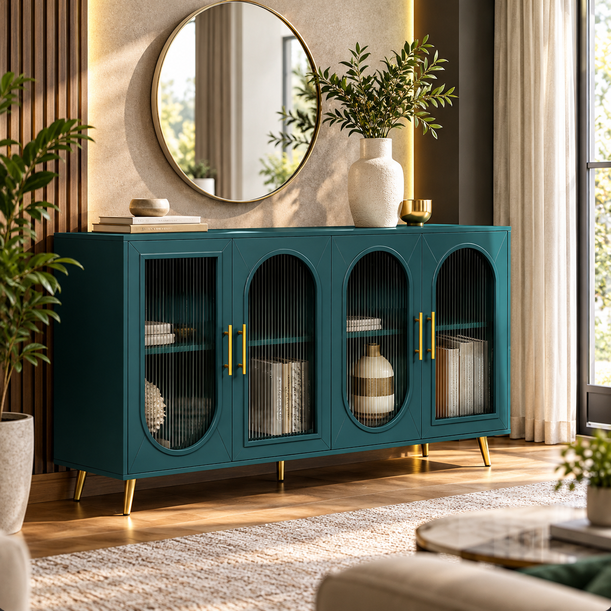 Modern Teal Sideboard Cabinet with 4 Glass Doors, Arched Panels, Gold Handles and Raised Legs for Living & Dining Spaces