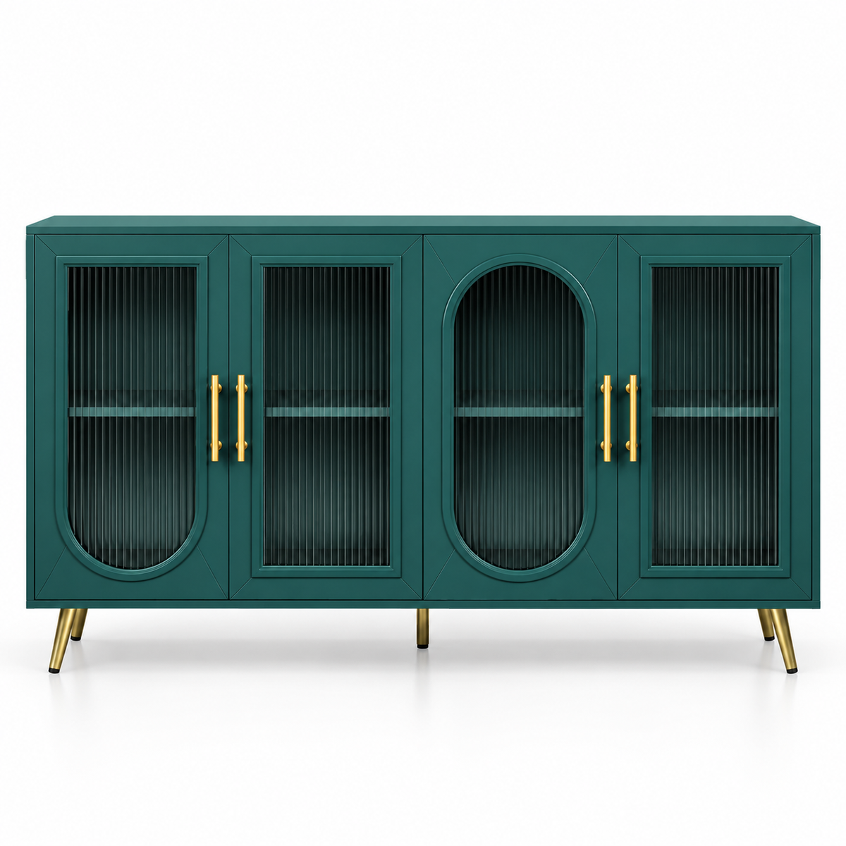 Modern Teal Sideboard Cabinet with 4 Glass Doors, Arched Panels, Gold Handles and Raised Legs for Living & Dining Spaces