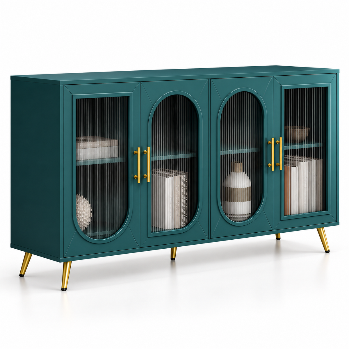 Modern Teal Sideboard Cabinet with 4 Glass Doors, Arched Panels, Gold Handles and Raised Legs for Living & Dining Spaces