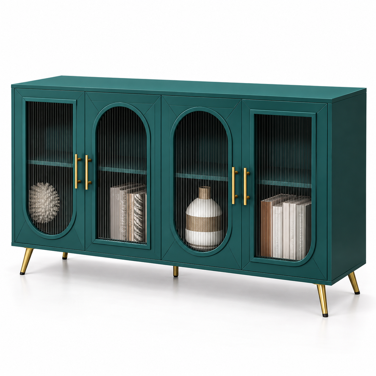 Modern Teal Sideboard Cabinet with 4 Glass Doors, Arched Panels, Gold Handles and Raised Legs for Living & Dining Spaces