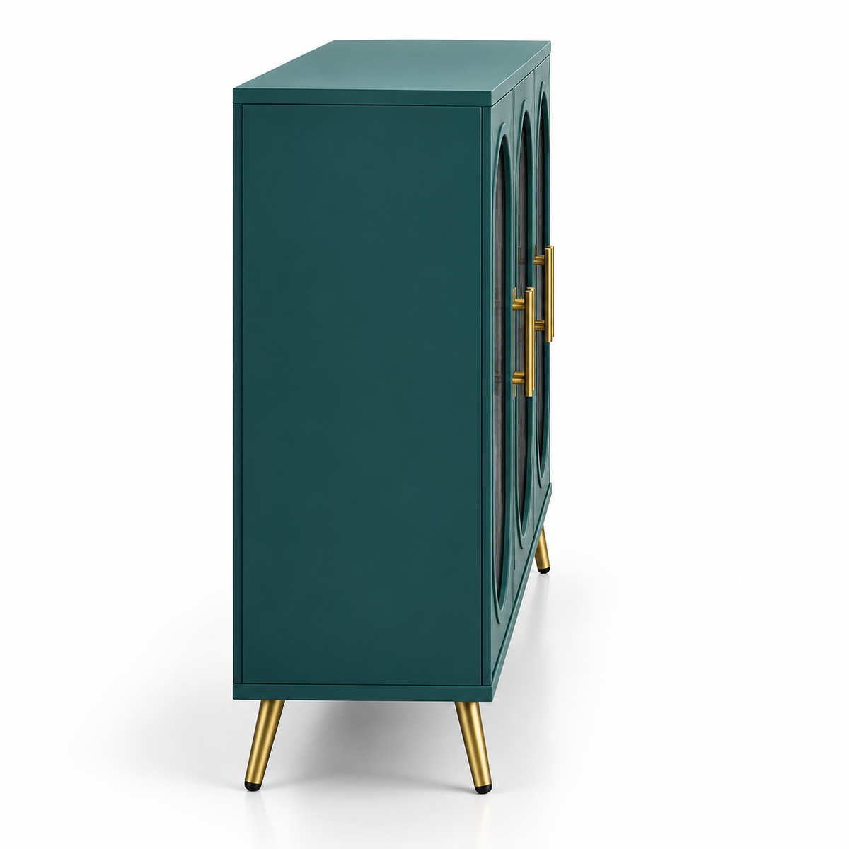 Modern Teal Sideboard Cabinet with 4 Glass Doors, Arched Panels, Gold Handles and Raised Legs for Living & Dining Spaces