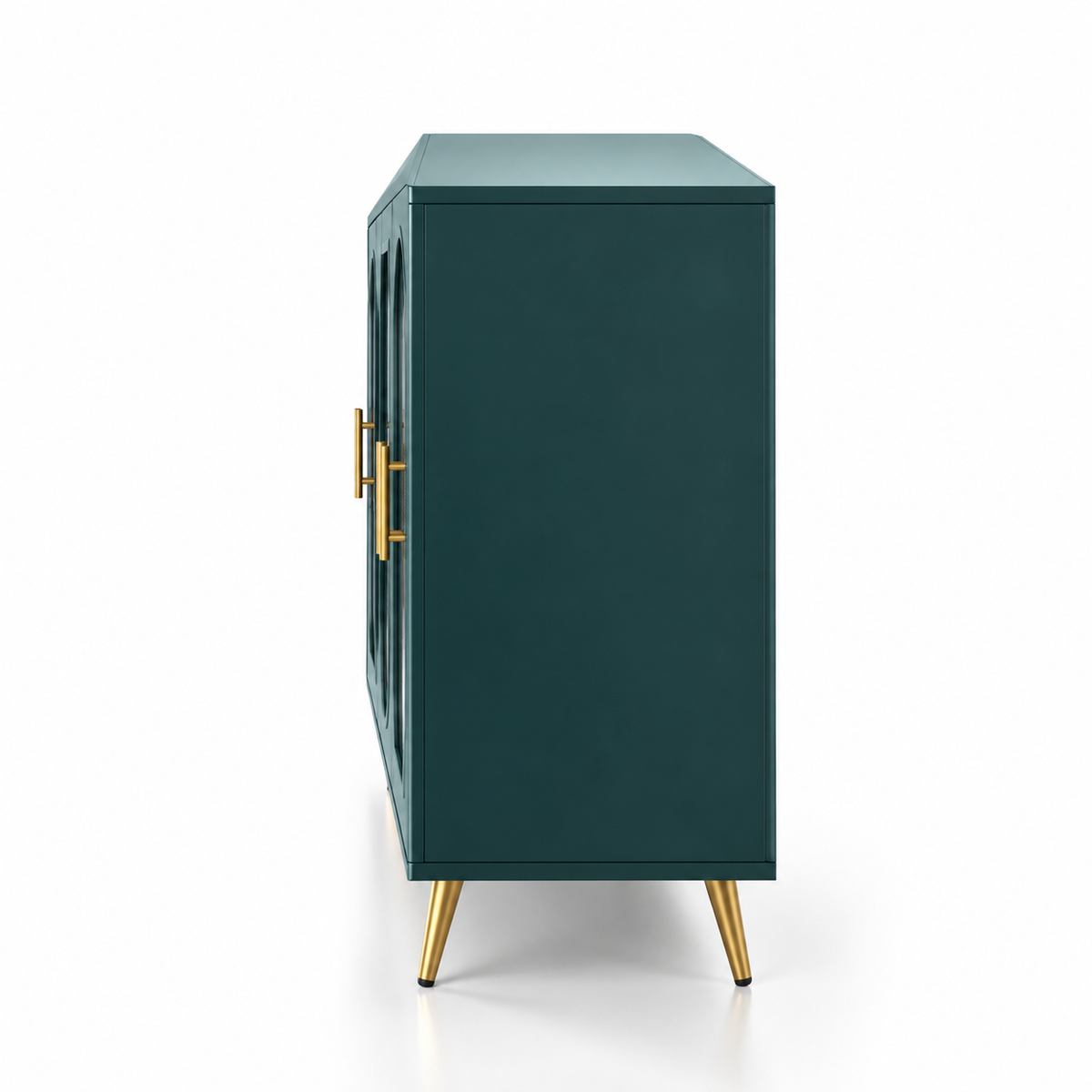 Modern Teal Sideboard Cabinet with 4 Glass Doors, Arched Panels, Gold Handles and Raised Legs for Living & Dining Spaces