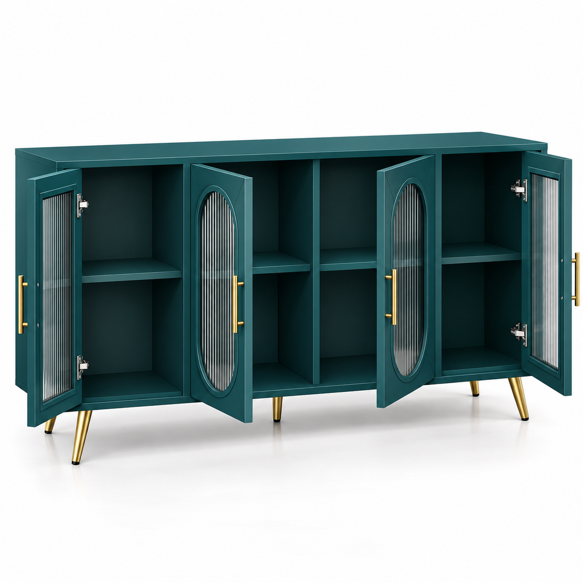Modern Teal Sideboard Cabinet with 4 Glass Doors, Arched Panels, Gold Handles and Raised Legs for Living & Dining Spaces