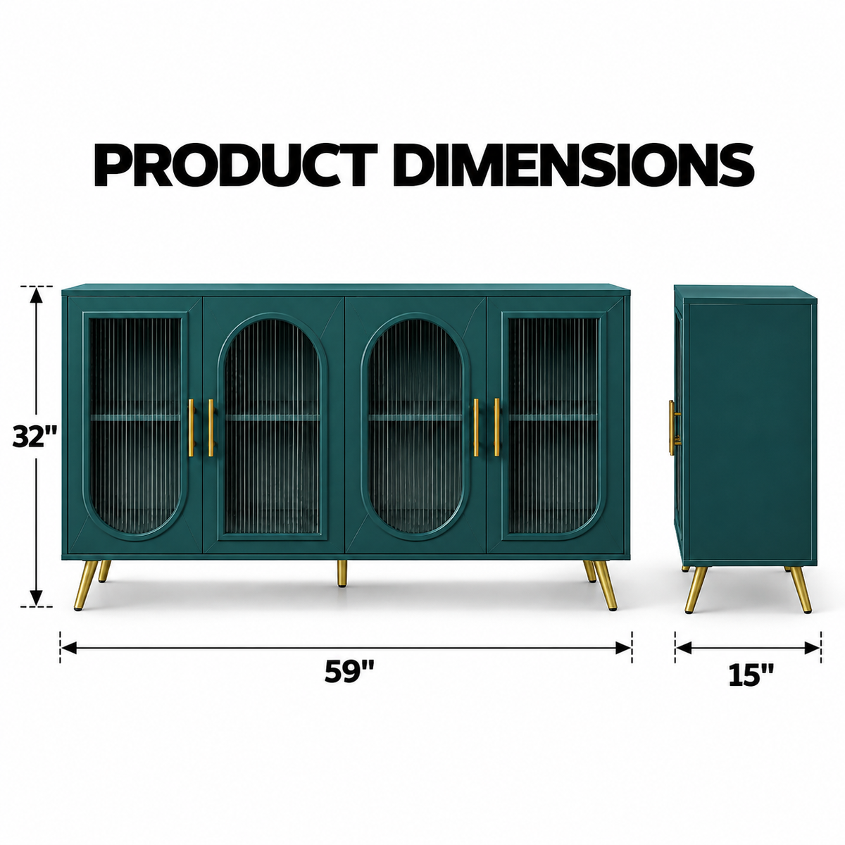 Modern Teal Sideboard Cabinet with 4 Glass Doors, Arched Panels, Gold Handles and Raised Legs for Living & Dining Spaces