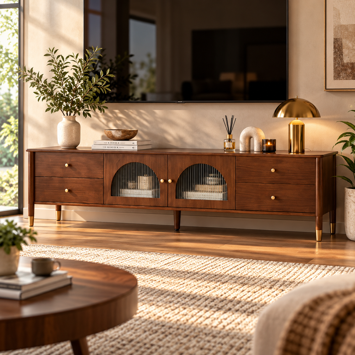 Modern Teak Wood TV Unit with 4 Drawers, Arched Glass Door Storage & Raised Legs for Living Room, Bedroom and Media Space