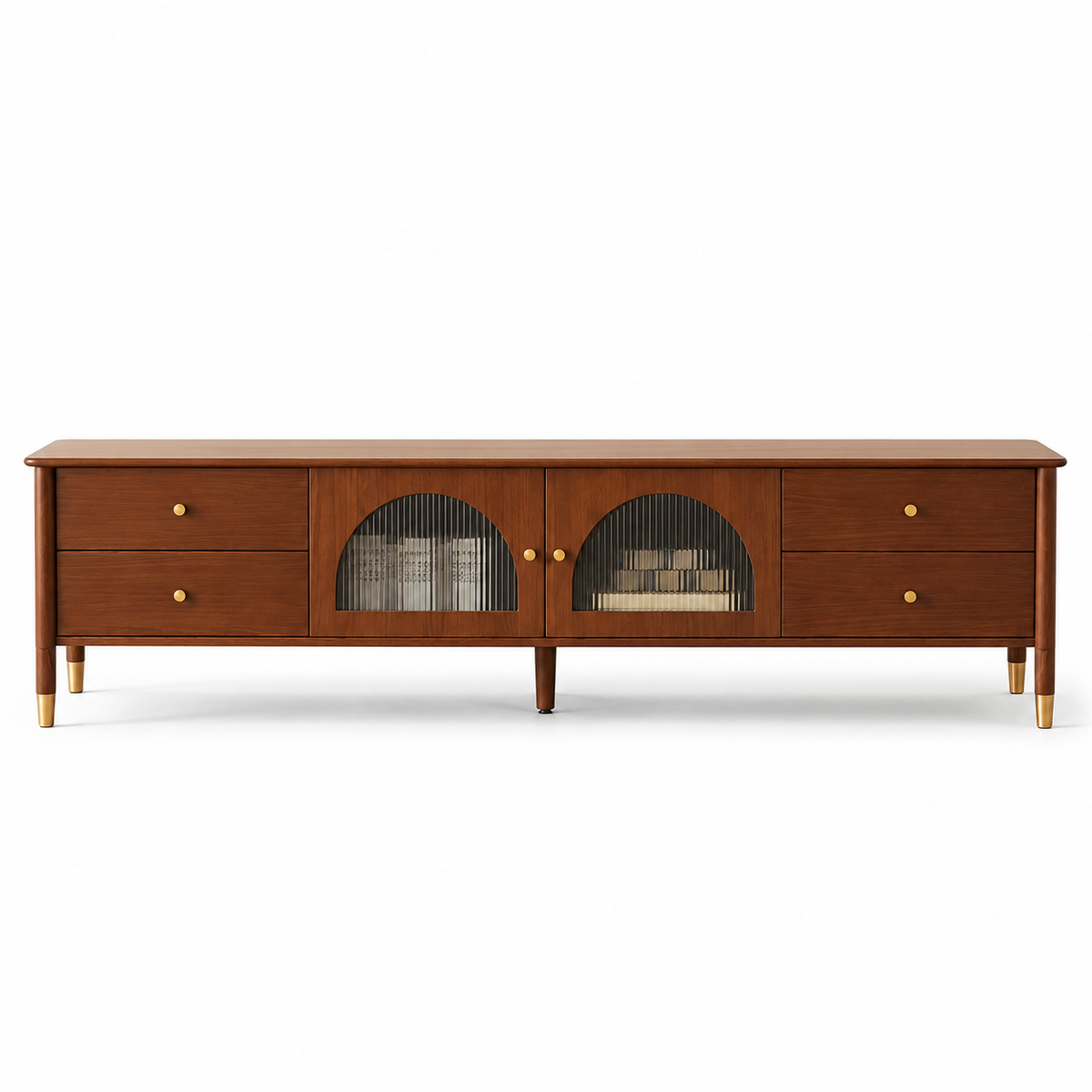 Modern Teak Wood TV Unit with 4 Drawers, Arched Glass Door Storage & Raised Legs for Living Room, Bedroom and Media Space