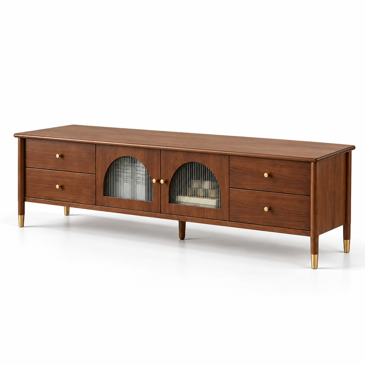 Modern Teak Wood TV Unit with 4 Drawers, Arched Glass Door Storage & Raised Legs for Living Room, Bedroom and Media Space