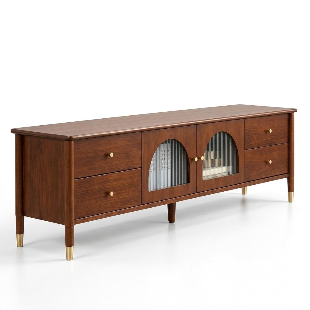 Modern Teak Wood TV Unit with 4 Drawers, Arched Glass Door Storage & Raised Legs for Living Room, Bedroom and Media Space