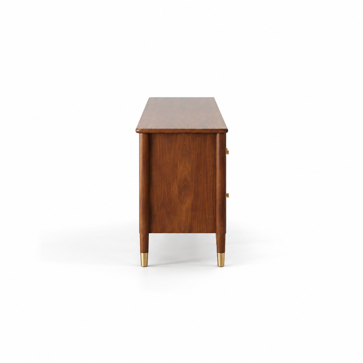 Modern Teak Wood TV Unit with 4 Drawers, Arched Glass Door Storage & Raised Legs for Living Room, Bedroom and Media Space