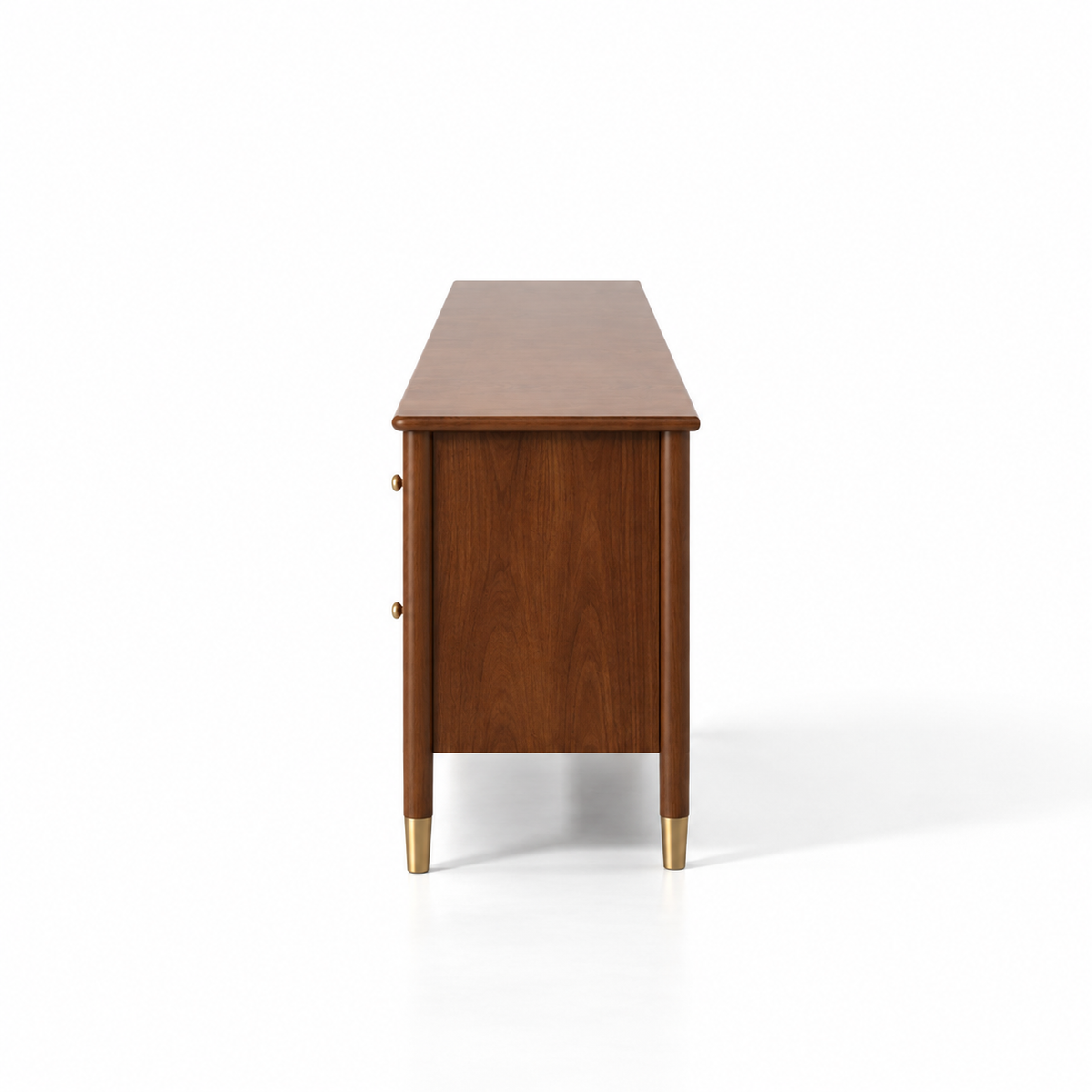 Modern Teak Wood TV Unit with 4 Drawers, Arched Glass Door Storage & Raised Legs for Living Room, Bedroom and Media Space