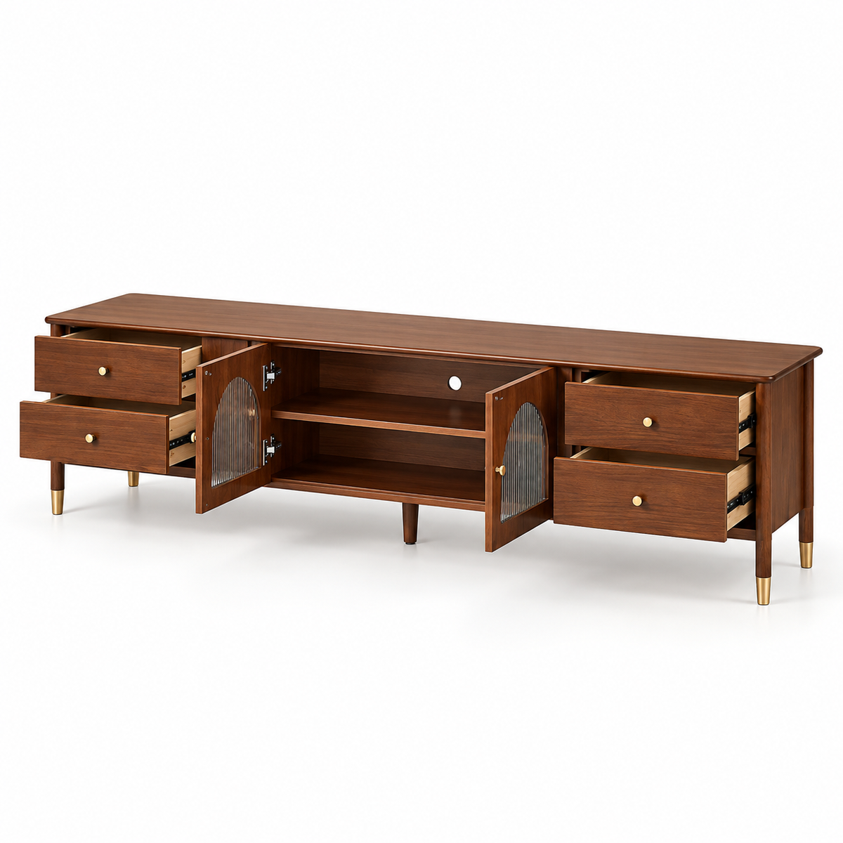 Modern Teak Wood TV Unit with 4 Drawers, Arched Glass Door Storage & Raised Legs for Living Room, Bedroom and Media Space